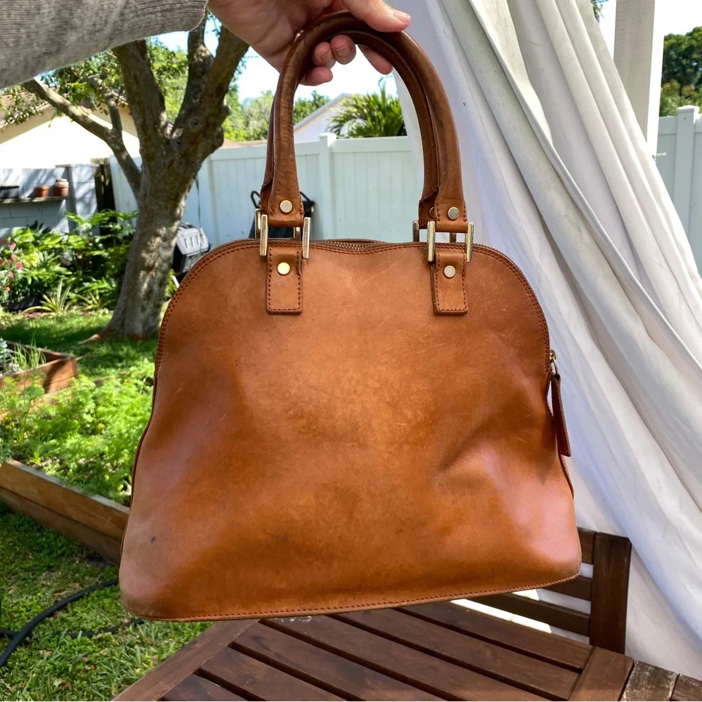 LALUCCA rebeka dome satchel bag purse cognac leather